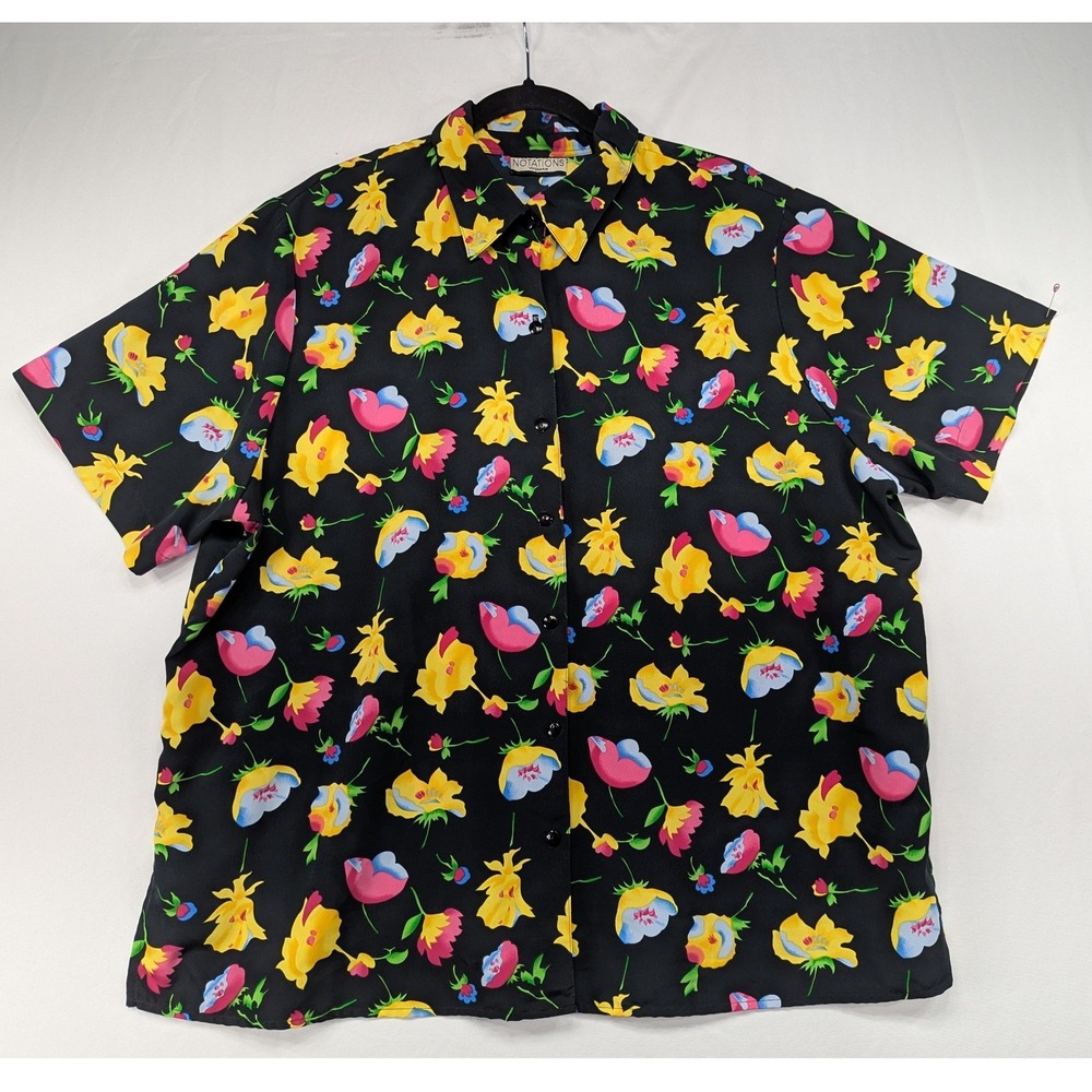 Notations Woman Black Floral Button Down Short Sleeve Blouse Shirt Plus‎ Size 1X